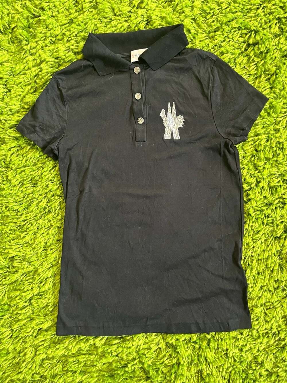 Moncler Women's Black Rhinestone Logo Short Sleeve Polo Shirt Size S